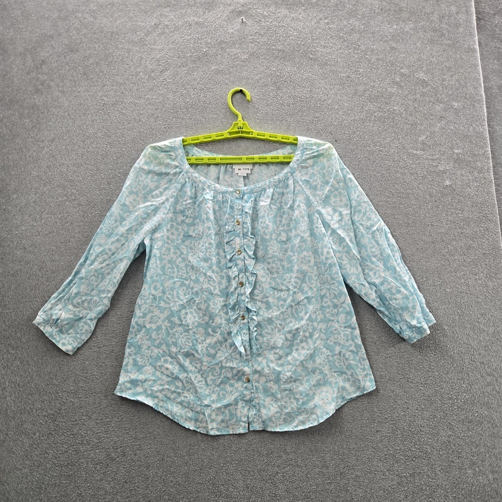 Charter Club Women Blouse L Light Blue Linen Floral Button Ruffle Scoop Neck